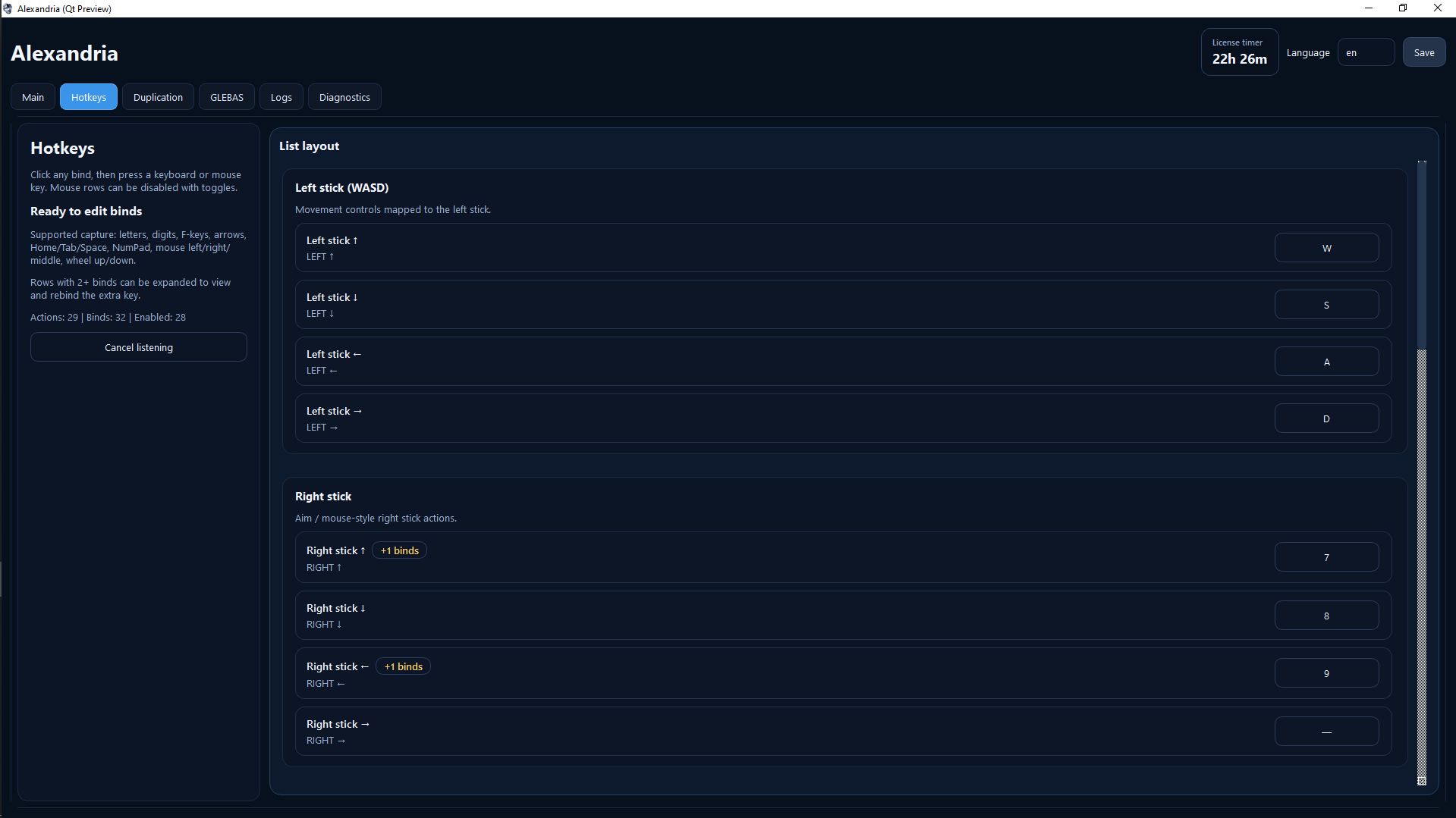 Настройки хоткеев Alexandria